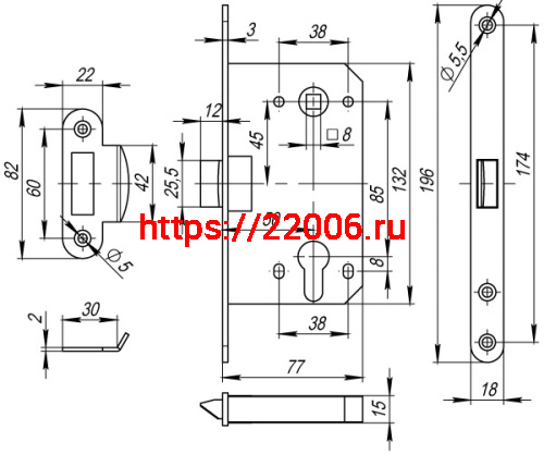 Корпус Fuaro (Фуаро) врезного замка c защёлкой PLASTP85C-50 (P85C-50) CP хром фото 3